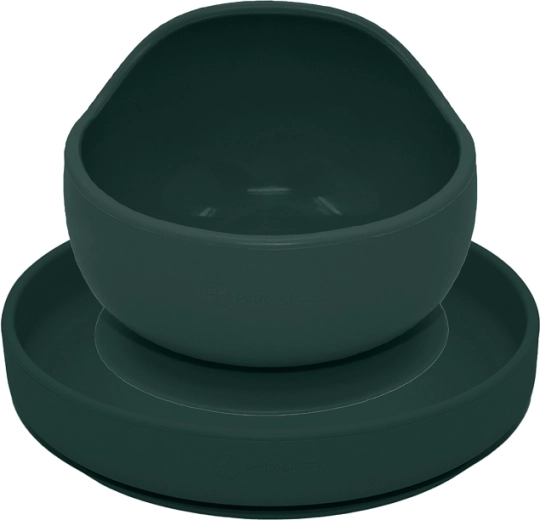 Petite&Mars silicone dining set Take&Match – plate and bowl with suction cup, misty green, 2 pcs