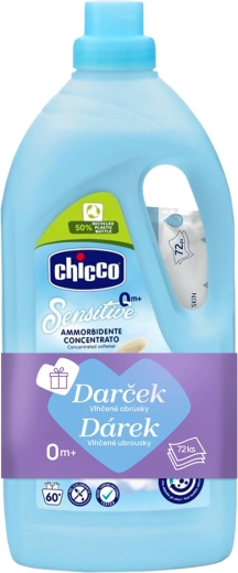 Chicco audinių minkštiklis Baby Sensitive „Saldus pudras“ 1,5 l (60 skalbimų) + drėgnos servetėlės 72 vnt.