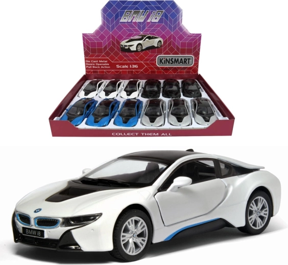 Metalinis BMW i8 automobiliukas su atidaromomis durimis ir atitraukiamu (pull-back) mechanizmu