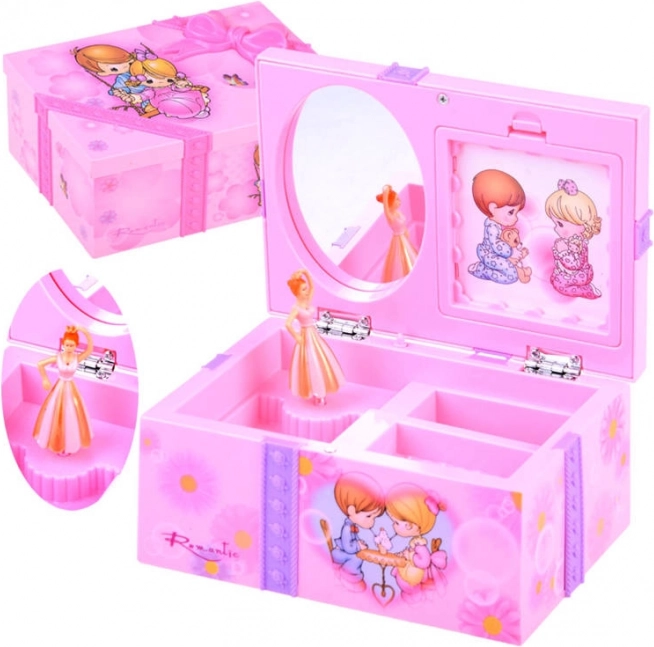 Rožinė papuošalų dėžutė su muzikiniu mechanizmu mažosioms damoms