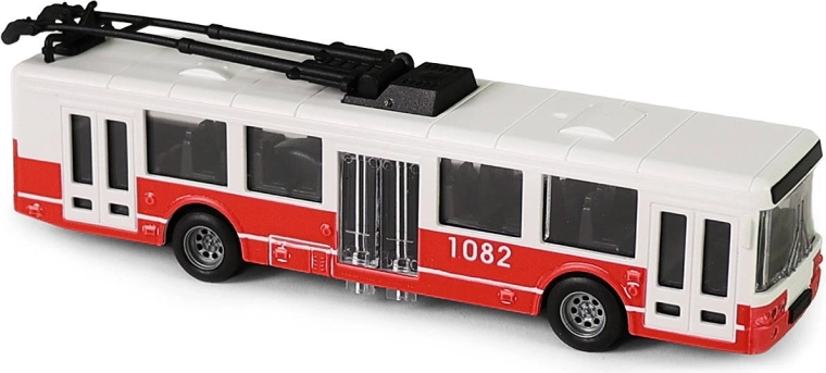 Red friction-powered trolleybus with opening doors