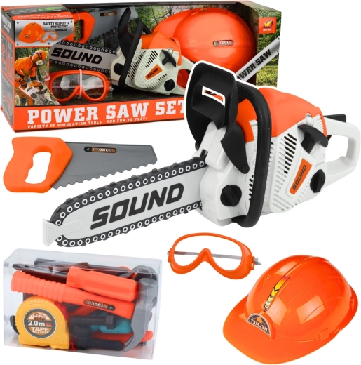 Vaikiškas įrankių rinkinys su motoriniu pjūklu, šalmu ir akiniais su garsais
