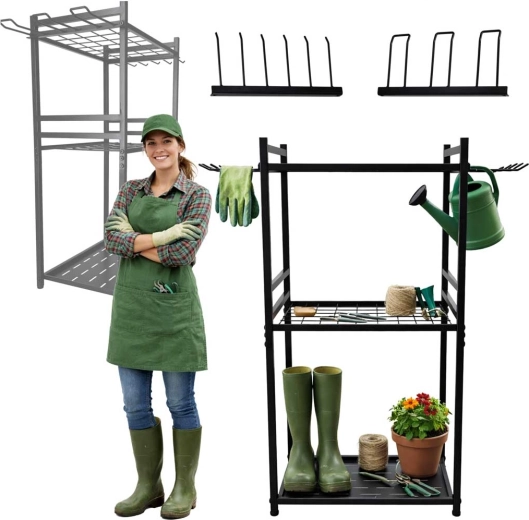 Metalinė sodo įrankių lentyna su kabliukais ir lentynomis LUARO