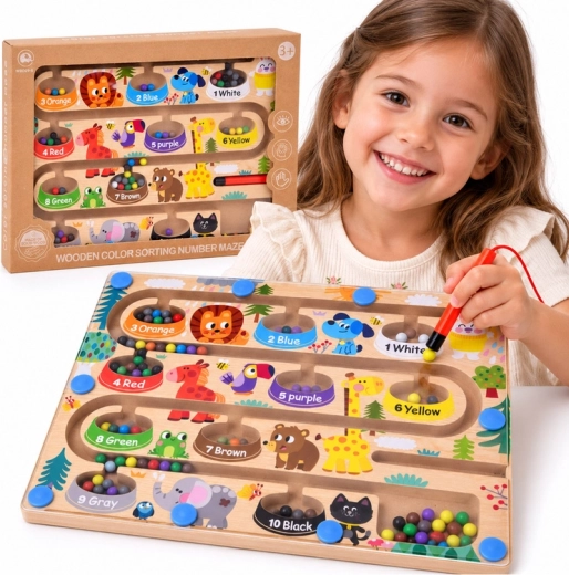 Wooden Magnetic Zoo Maze for Learning Colors and Counting