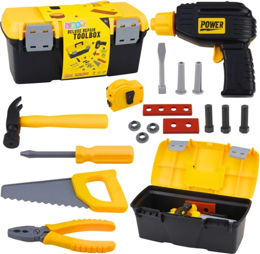 Vaikiškas įrankių rinkinys spintelėje su akumuliatoriniu gręžtuvu, 23 dalys