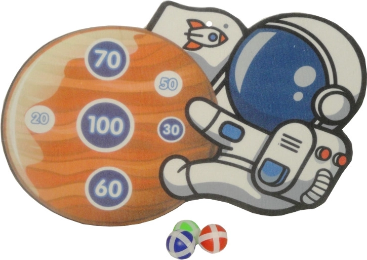 Vaikiškas taikinio žaidimas su velcro (lipukais) kamuoliukais – kosminis motyvas astronautas
