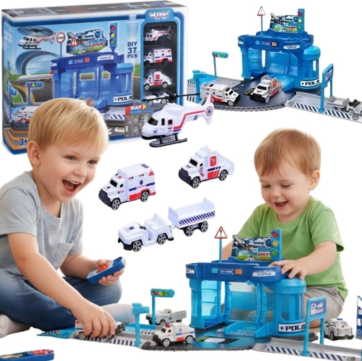 Woopie airport police station themed set with cars and helicopter, 37 pieces
