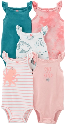 CARTER'S mergaitiški bodžiukai be rankovių Pink Ocean (5 vnt.) – 9 mėn.