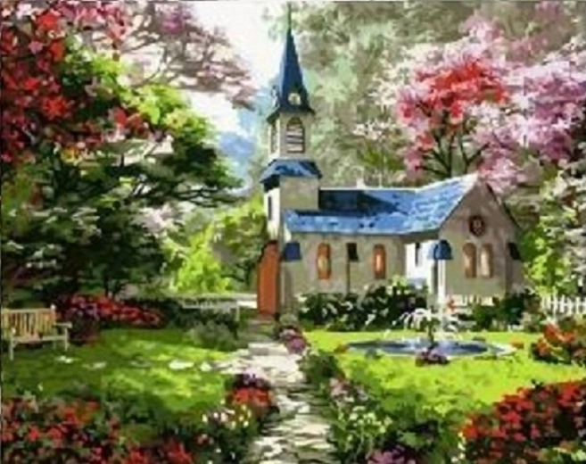 Norimpex deimantinė mozaika „Bažnyčia pavasario sode“ 30 × 40 cm