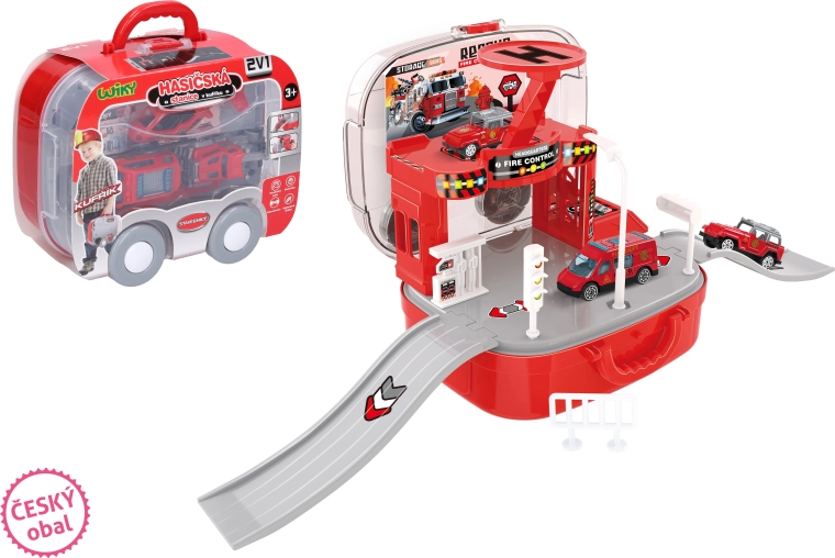 Gaisrinės stotis lagamine su automobiliais ir sraigtasparniu