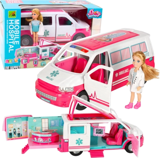 Mobilioji ligoninė – greitosios pagalbos automobilis 2-in-1 su gydytojos lėlyte ir medicininiais priedais