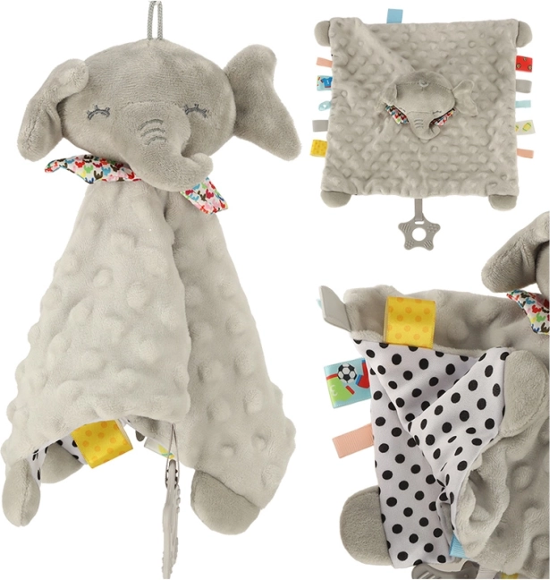 Sensorinis žaislas čežantis drambliukas su spalvotomis etiketėmis