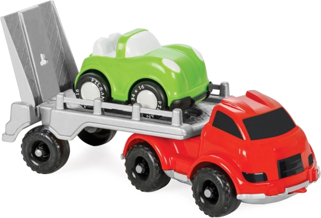 Plastikinis krovininis sunkvežimis smėliui su mažyčiu automobiliuku