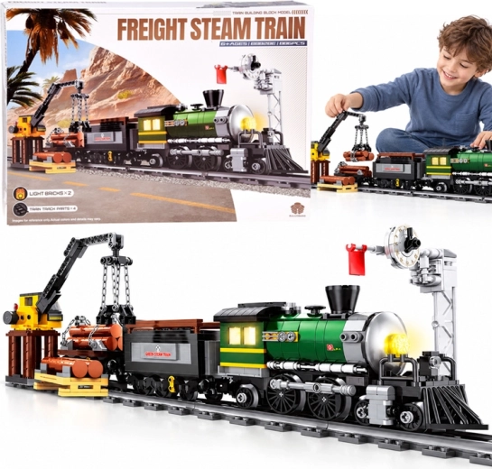Light-Up Steam Train Building Set with Wagon and Crane