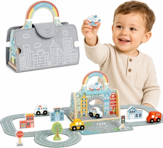 Tooky Toy portable mini city – wooden set with roads and cars