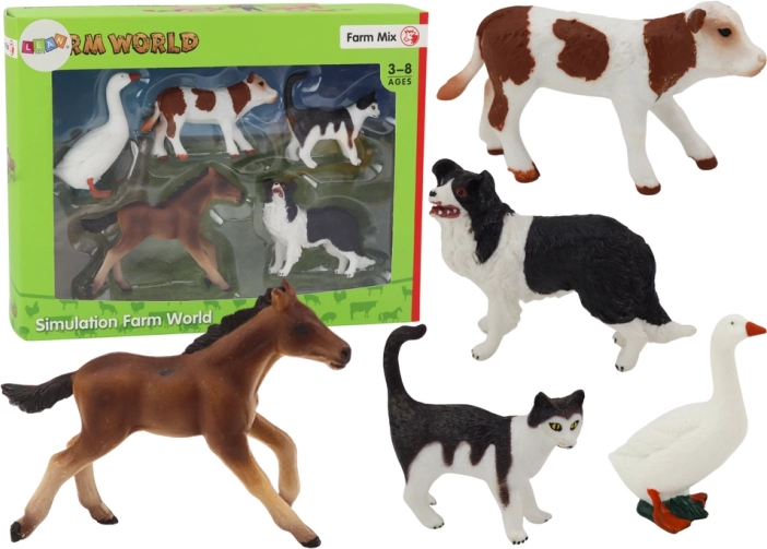 Set of Farm Animal Figures 5 Pieces Horse Cow Cat Goose Dog