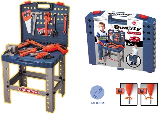 Vaikiškas lagaminėlio dirbtuvinis stalas su įrankiais ir elektriniu gręžtuvu