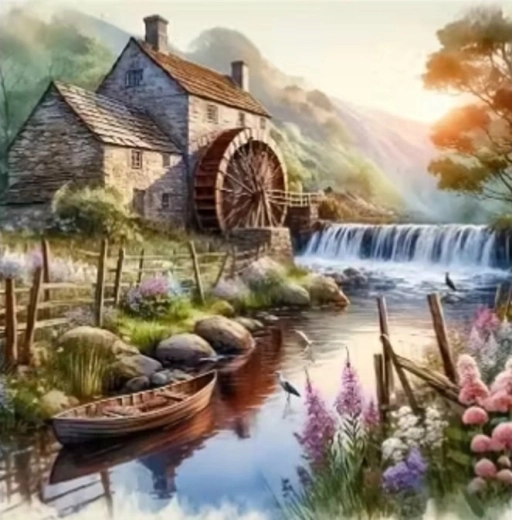 Norimpex deimantinė mozaika – malūnas prie upės su valtimi 30 × 40 cm
