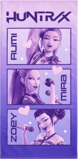 Vaikiškas greitai džiūstantis rankšluostis „K-Pop Demon Hunters Huntrix“, 70 × 140 cm, violetinis