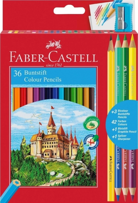Faber-Castell pastelės 36 vnt. su drožtuku, pieštuku ir dvipusėmis duo pastelėmis