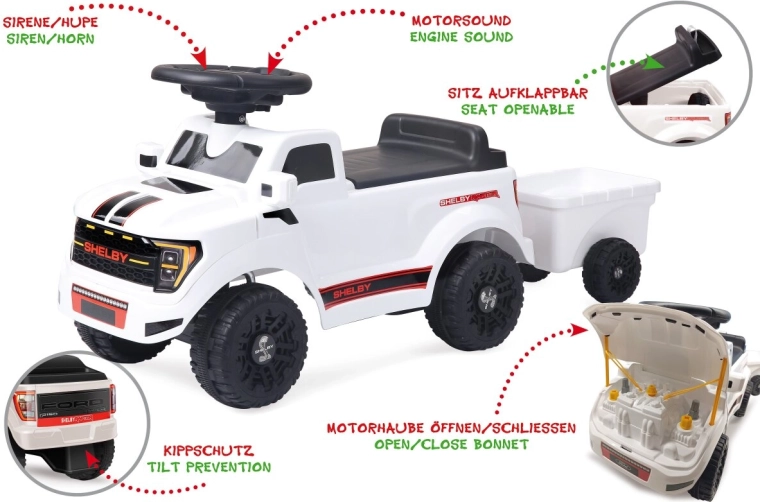 Vaikiška stumiamoji mašinėlė JAMARA Shelby Ford F-150 Raptor su priekaba, balta