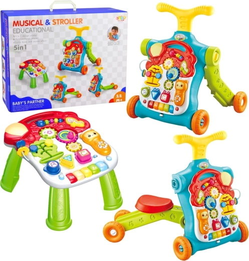 Multifunctional 5-in-1 walker with removable interactive panel, ride-on, scooter, and educational table