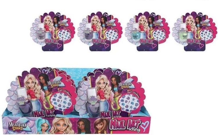 Mermaid Stars vaikiškas nagų dekoravimo rinkinys 4×5 ml (lakas, lipdukai ir žiedai)