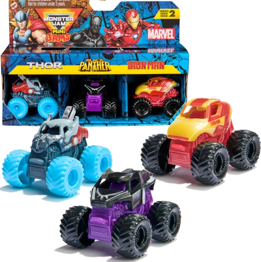 Monster Jam Mini Jams Marvel Thor, Black Panther ir Iron Man – 3 vnt.
