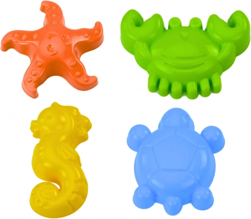 Jūros smėlio formelės, 4 vnt. rinkinys: krabas, vėžlys, jūrų žvaigždė, jūros arkliukas – geltona, žalia