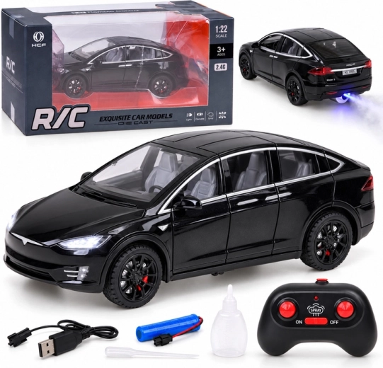 RC automobilis Tesla Model X, 1:22 mastelio, su LED apšvietimu ir dūmų efektu