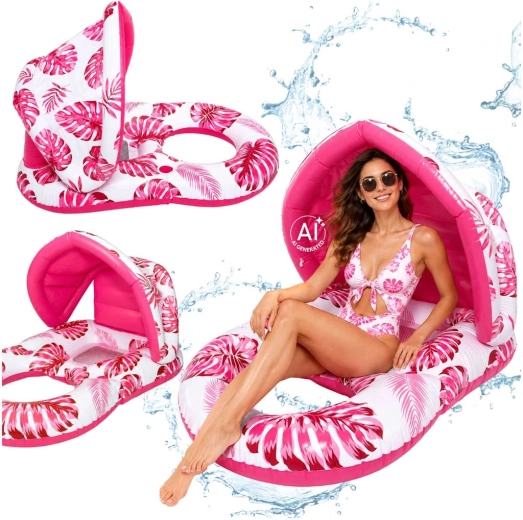 Kids' inflatable water lounger with backrest and sun canopy – pink