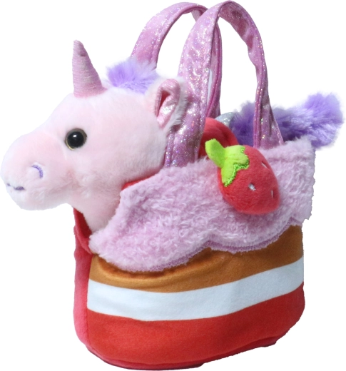 Plush pink unicorn in a strawberry-shaped handbag
