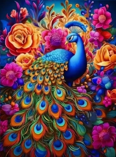 Deimantinė mozaika: povas su spalvingomis gėlėmis 30 × 40 cm