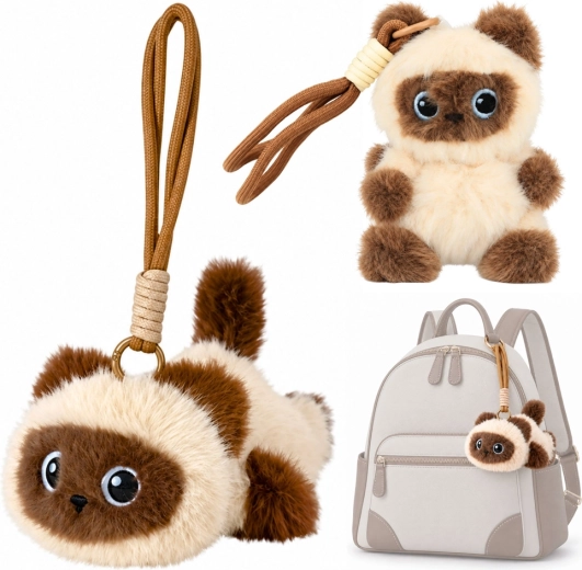 Plush cat keychain for backpack and handbag, cream-brown, 12 cm