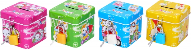 Skardinė taupyklė su spynelė, kubas 6,5 × 6 cm, įvairių spalvų