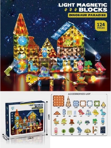 Dino Magnetic Building Set with Light-Up Elements, 124 Pieces