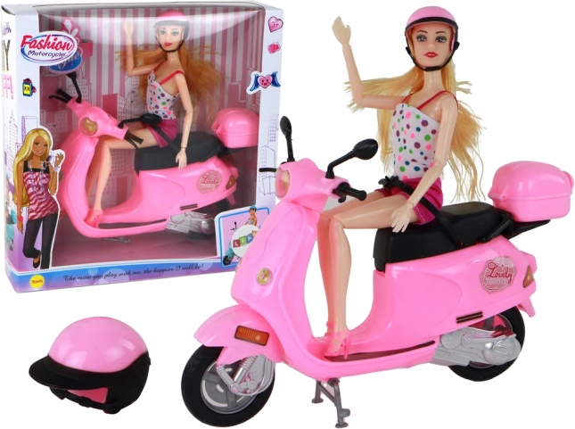 Doll set on a pink scooter with movable joints