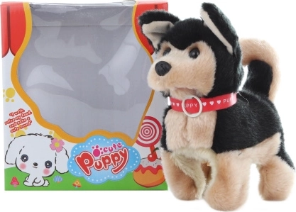 Vaikščiojantis juodas šuniukas su baterijomis