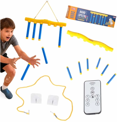 Hanging reaction game with falling sticks, USB charging, and remote control