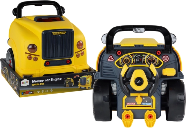 Vaikiškas montavimo autobusas – geltonas dirbtuvinis autobusas su išardomu varikliu