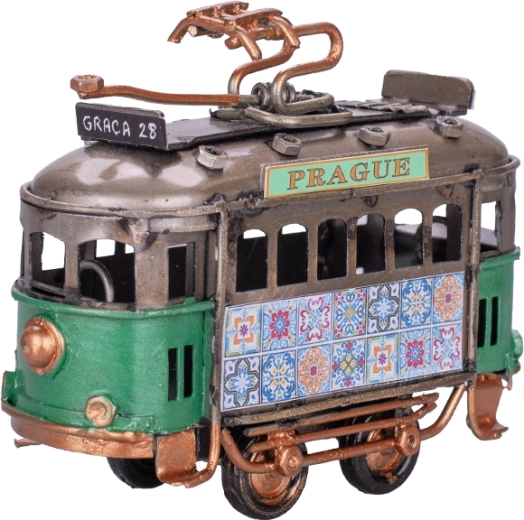 Metalo tramvajaus modelis „Prague“, 9 cm – žalias dekoratyvinis tramvajus su laisva eiga