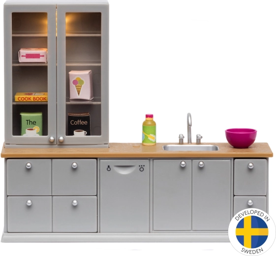 Virtuvės baldai lėlių nameliui su indauja ir LED apšvietimu Lundby