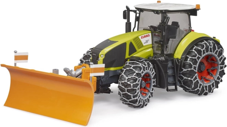 Traktorius Claas Axion 950 su sniego grandinėmis ir sniego peiliu Bruder