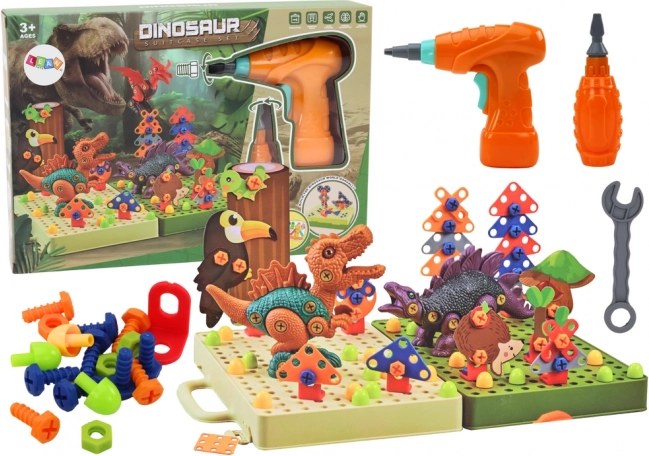 Konstrukcinis 3D dinozaurų rinkinys su grąžtu lagaminėlyje