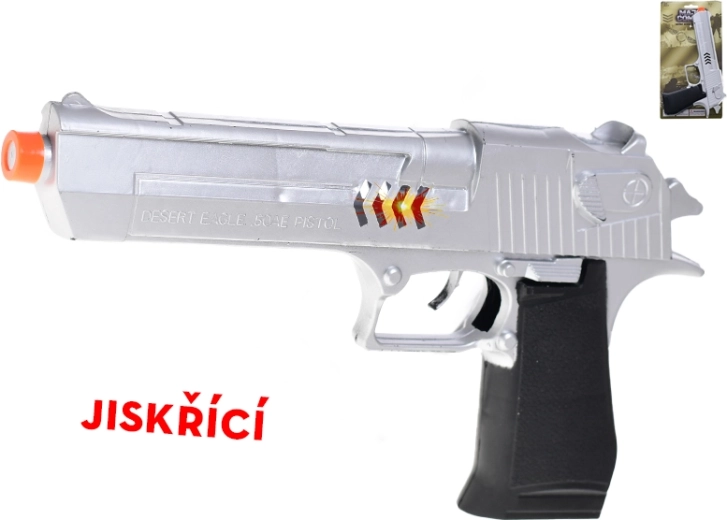 Žėrinčiu smagračio mechanizmu veikiantis pistoletas vaikams, 26 cm