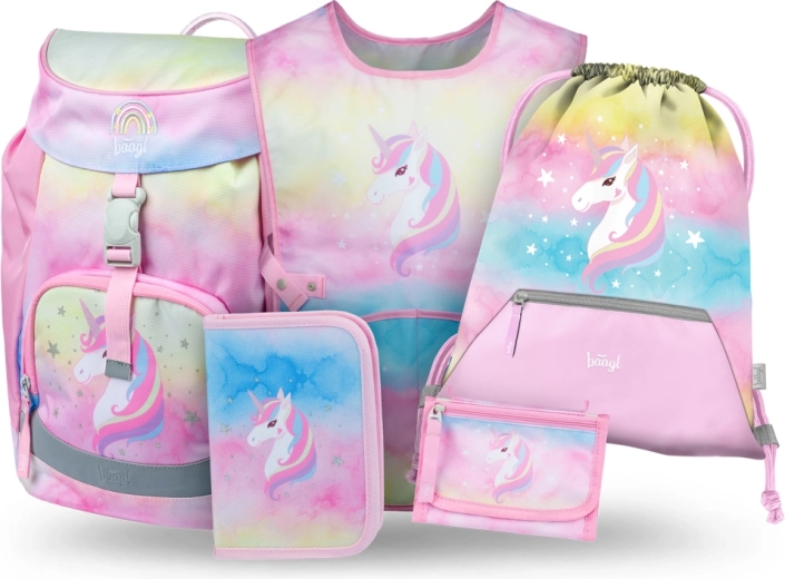 Baagl rinkinys 5 Airy Rainbow Unicorn – mokyklinė kuprinė, penalas, maišelis, prijuostė ir piniginė