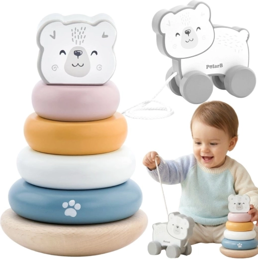 Wooden Pull-Along Bear and Stacking Tower PolarB - 2 pcs