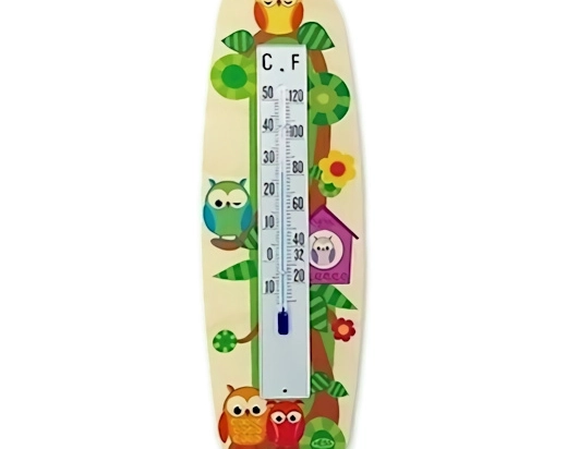 Colorful wooden thermometer with an owl motif for indoor use