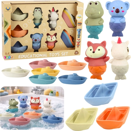 Guminių vonios žaislų rinkinys – gyvūnėliai ir laiveliai, 13 dalių