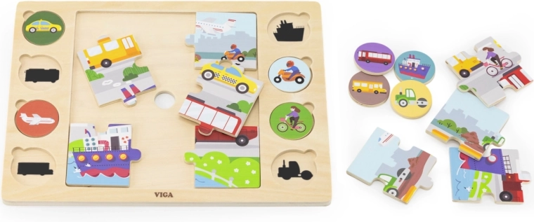 Wooden shadow-matching puzzle – vehicles, 17 pcs VIGA